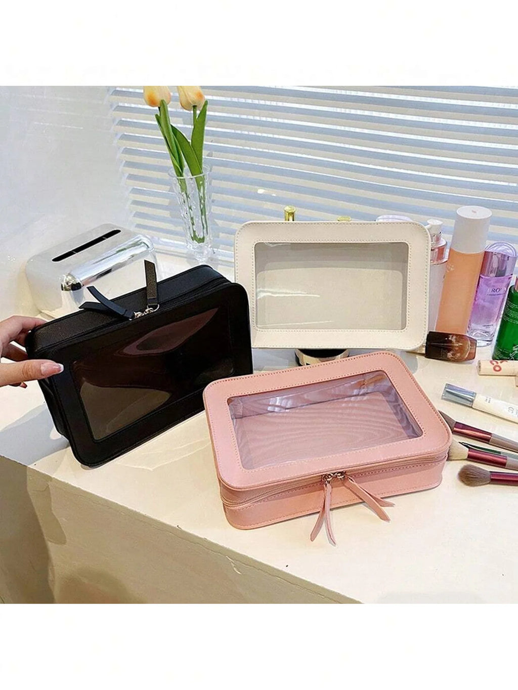 Mini Clear Makeup Bag Pu Saffiano Vegan Faux Leather Cute Small Visible Window Storage Lipsticks Cosmetics Case for Purse Pouch