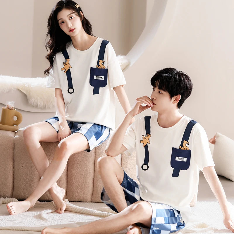 Summer Couple Pajama Set 100% Short Sleeve Pyjamas Men and Women Casual Pijama