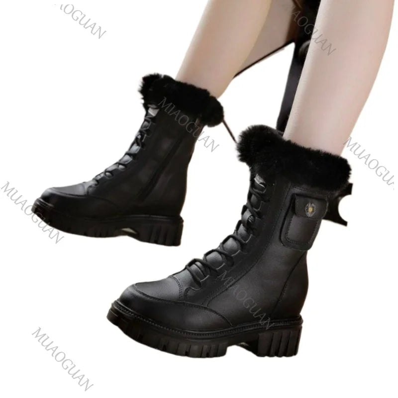 Winter Women's Retro Chunky Snow Boots Fur Platform High Heels Shoes for Women Solid Belt Buckle Warm Furry Cotton Short Botas