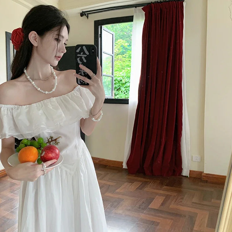 Summer White Beach Robe Long Dress For Women Slash Neck Short Sleeve Off The Shoulder Maxi Vestidos Elegant Evening Party Dress