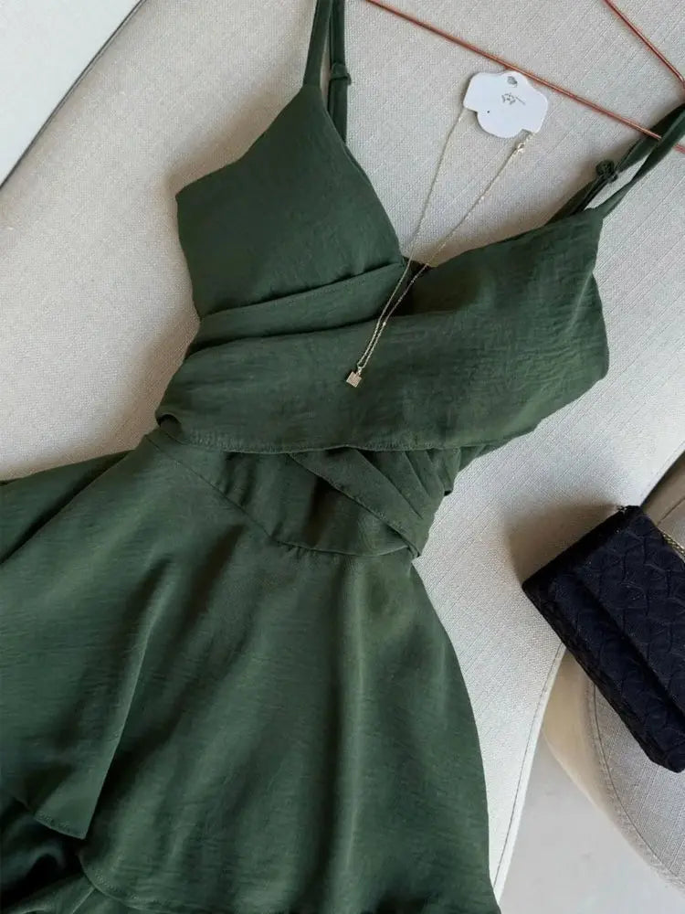 Vintage Summer Sexy Women Spaghetti Strap Dress Sleeveless Ruffles Layered V-Neck Dress Backless Slim Fitting Skirt Solid Dress