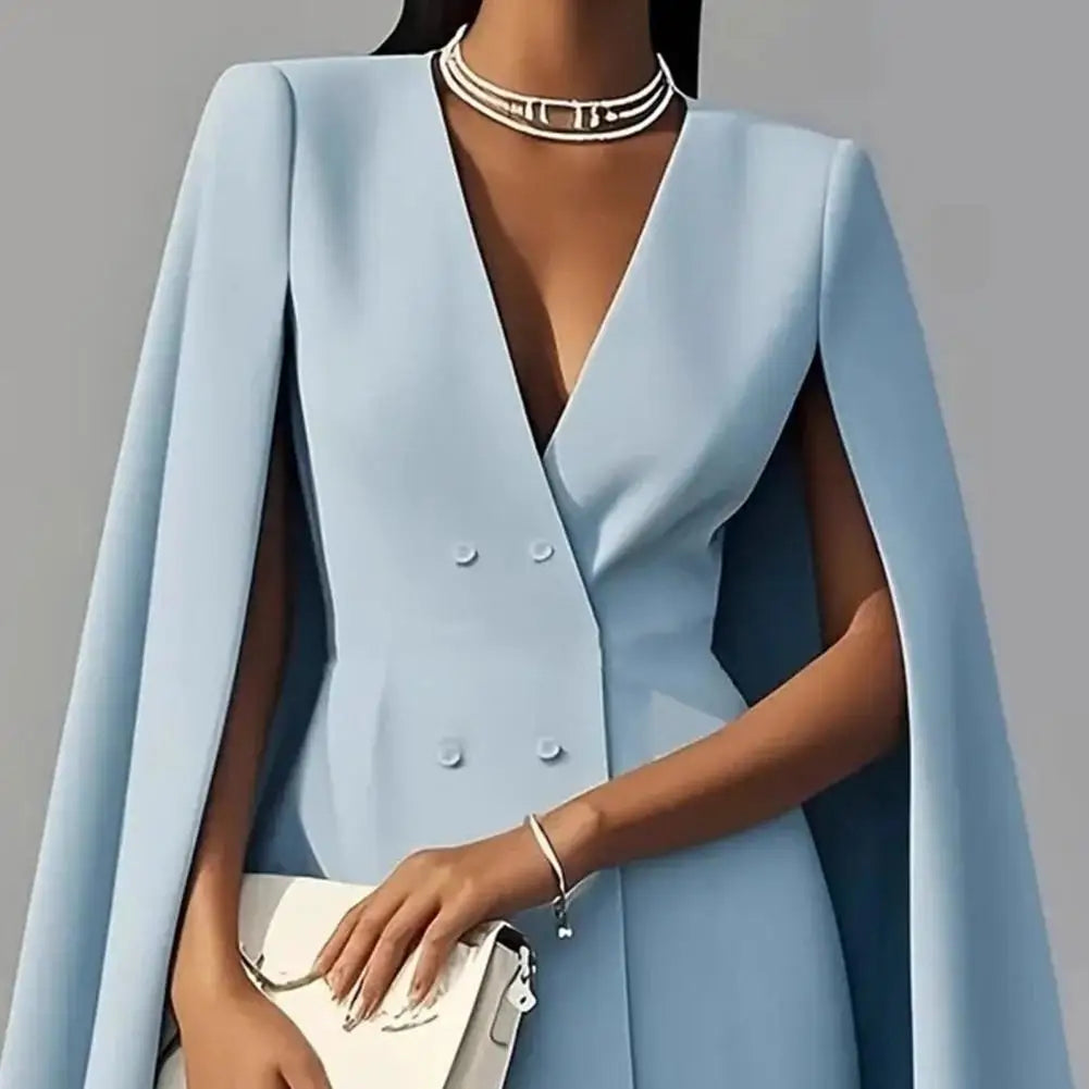 Commuting Blazer Dress for Women V Neck Cape Blazer Split Sleeve Business Mini Dress Double Breasted Office Long Skirt Dress