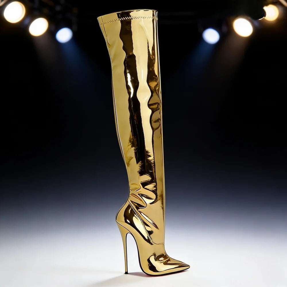 16cm Painting Heel Patent Leather Women's Thigh High Boots,Over The Knee Long Botas,Autumn/Winter Shoes,Gold,Blue,Custom Colors