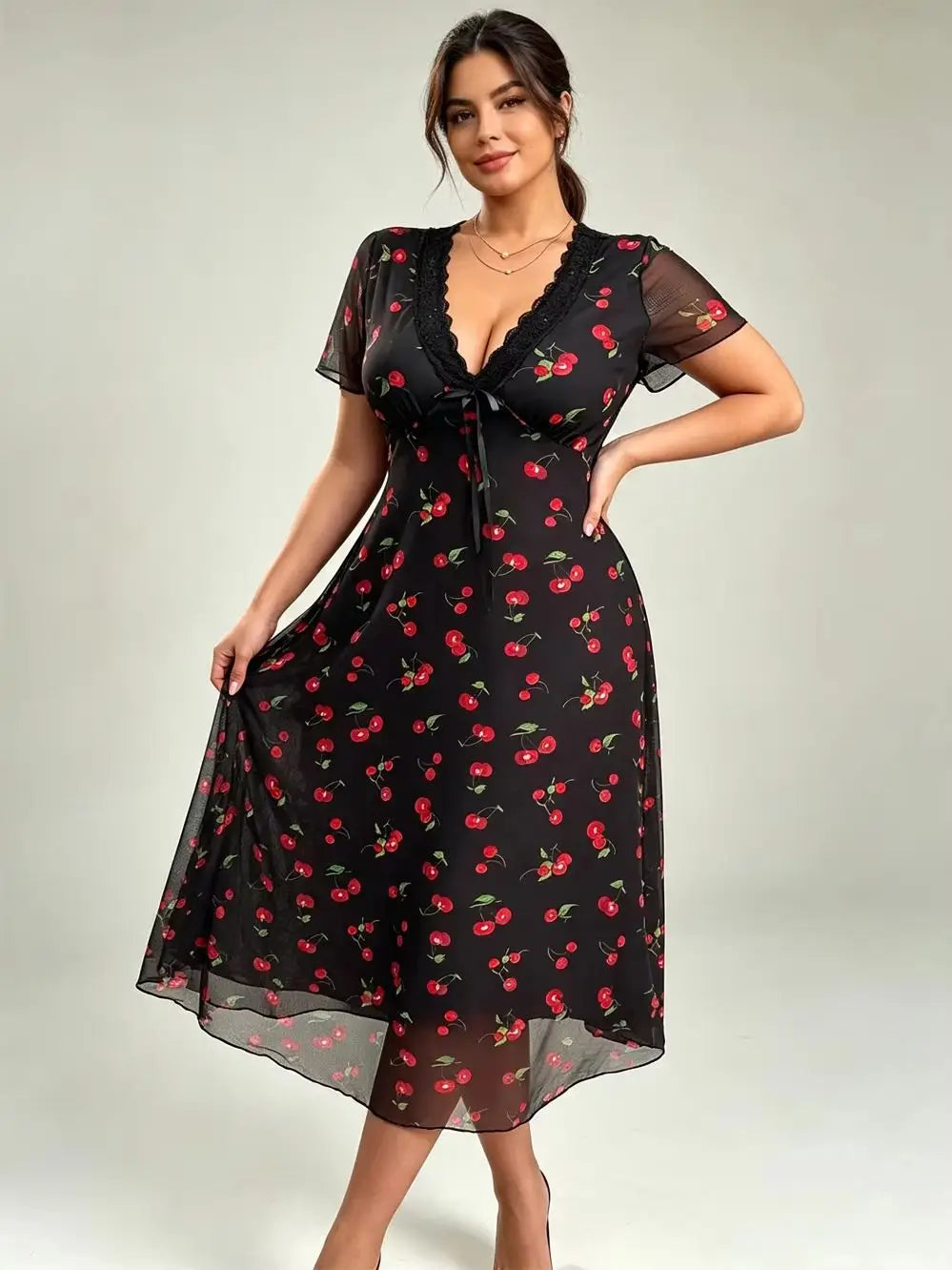 Vestido Midi Elegante De Talla Grande Con Estampado De Cerezas Y Ribete De Encaje, Adecuado Para Ir Al Trabajo
