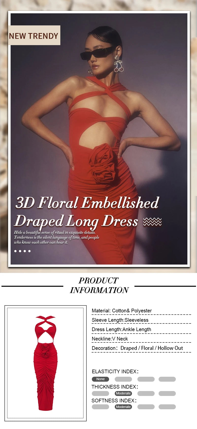 VC Red Dresses For Women Sexy Backless 3D Flowers Design Sleeveless Draped Long Dress Party Evening Vestidos