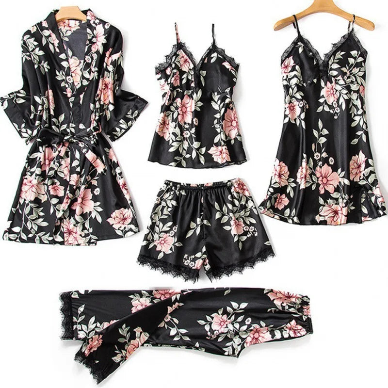 2026 Pajamas for Women Summer Sexy Pajamas Five-piece Set Suspender Pajamas for Women Home Wear with Chest Pad Bathrobe