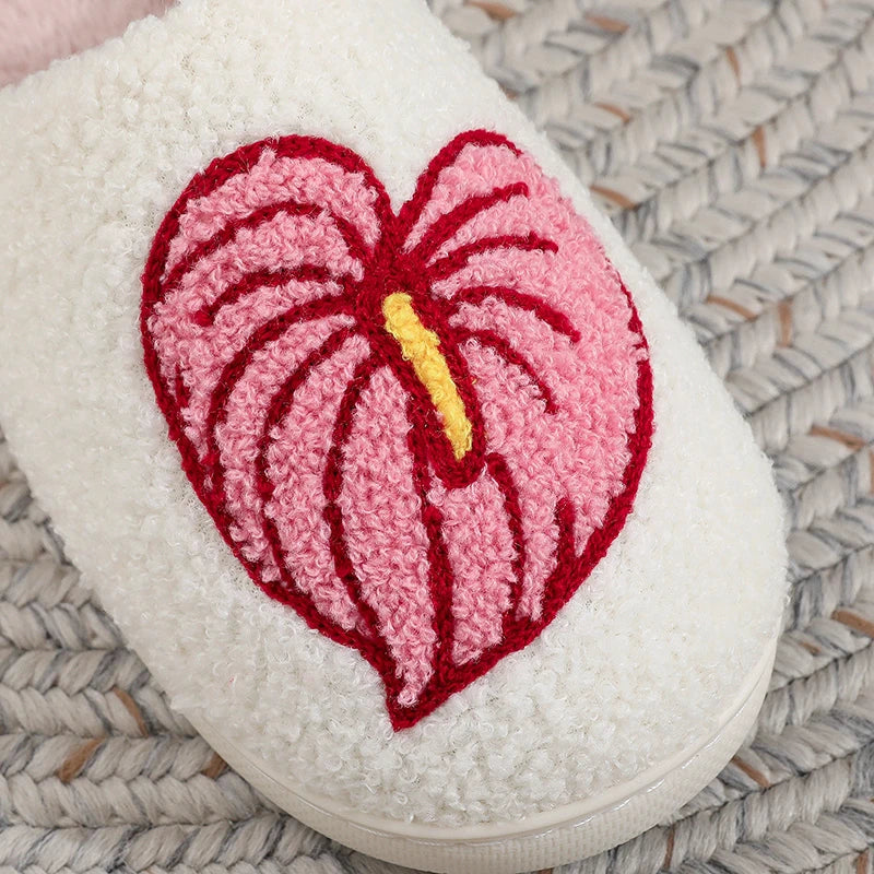 Women Fuzzy Embroidery Slippers Floral Non-Slip Indoor Winter Warm Plush House Shoes Soft Cozy Home Bedroom Footwear slippers