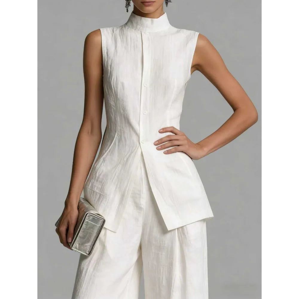 2026 Elegant Office Lady Commuting Simple Suit 2 Pieces Set Straight Pants Split Sleeveless Tops A Line High Collar Fashion Y2K