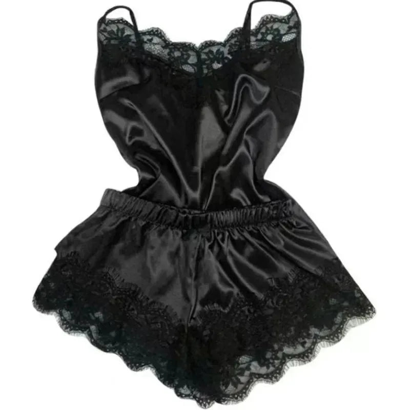 Fashion Women Pajama Suit V-Neck Stretch Satin Babydoll Lace Sexy Lingerie Bowknot Pyjamas Sleep Shorts Set Sleepwear