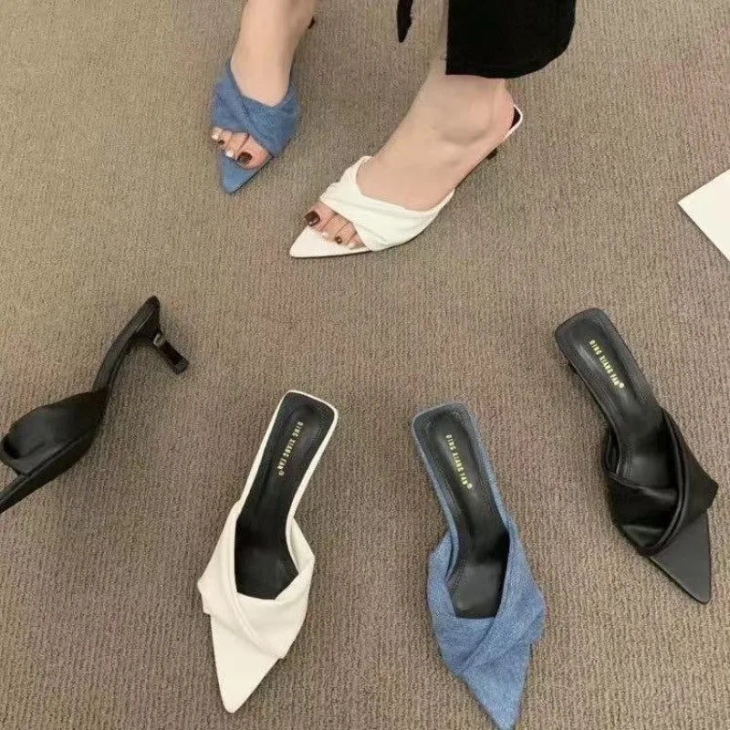New Summer Women's Shallow Pointed Toe Thin High Heels Women Slippers Wedding Sandals Fashion Mule Slides Shoes Zapatos Mujer