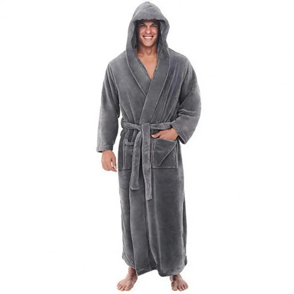 Plush Bathrobe Luxurious Men's Hooded Bathrobe with Adjustable Belt Ultra Soft Absorbent Male Robe with Pockets Plush Solid