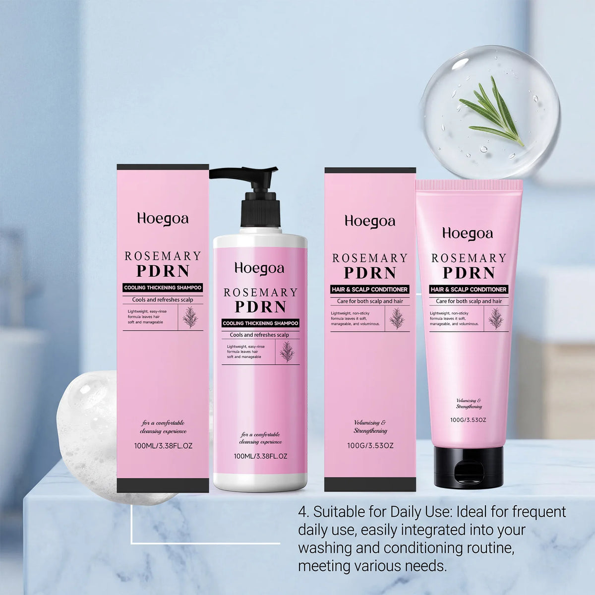 Hoegoa Rosemary Shampoo Conditioner Set Cooling Scalp Refreshing Thickening Volumizing Strengthening Repairing Dry Hair Care Kit