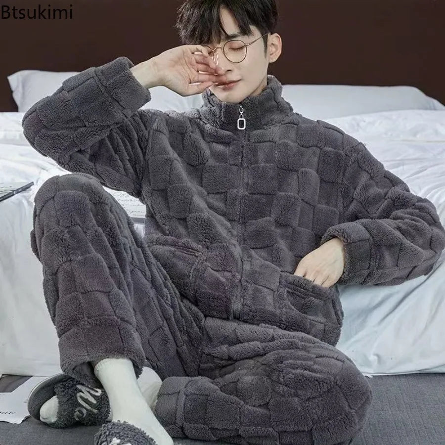 2025 Plaid Pajamas for Men Coral Fleece Sleepwear Sleeping Night Wear Zipper Pijama Two Piece Sets Autumn Winter Warm Home Suit