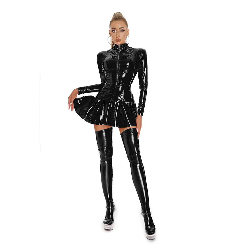 Women Sexy Latex Dress Glossy Patent Leather Stage Costumes Wear Ruffled Miniskirt Sexy Tight-fitting Ladies Clothing S-XXL Size