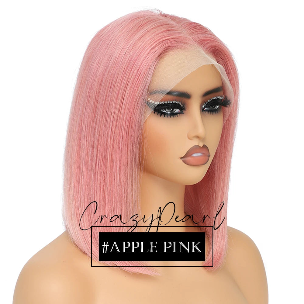 CrazyPearl Rose Pink Short Colored Bob Human Hair Wigs 13X4 Straight Bob Wig Human Hair Lace Front Wigs 10Inch-14Inch
