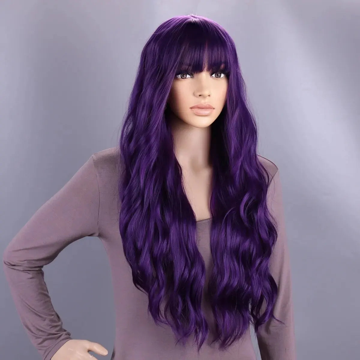 Long Purple Wig for Women 28" Long Lavender Purple Wig With Bangs Curly Wavy Natural Cute Soft Wig for Costume Braids Anime