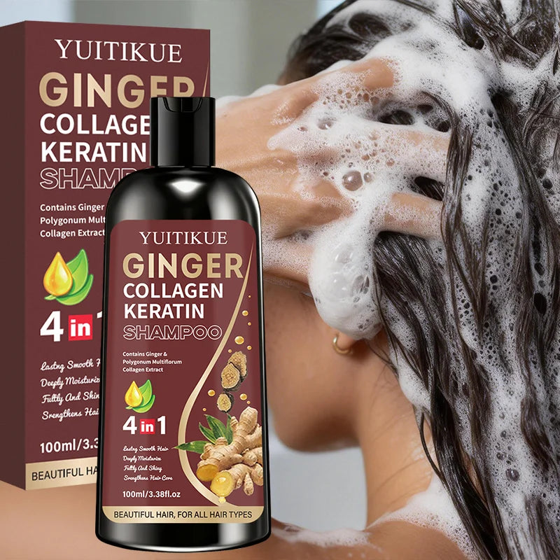 YUITIKUE 4-in-1 Ginger Collagen Keratin Shampoo 100ml with Polygonum Multiflorum for All Hair Types