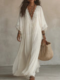 Boho Vintage Women's Summer Dress Lace Trim V Neck Flowy Maxi Dresses Women Flared Sleeve Loose Elegant Holiday Robe Vestidos