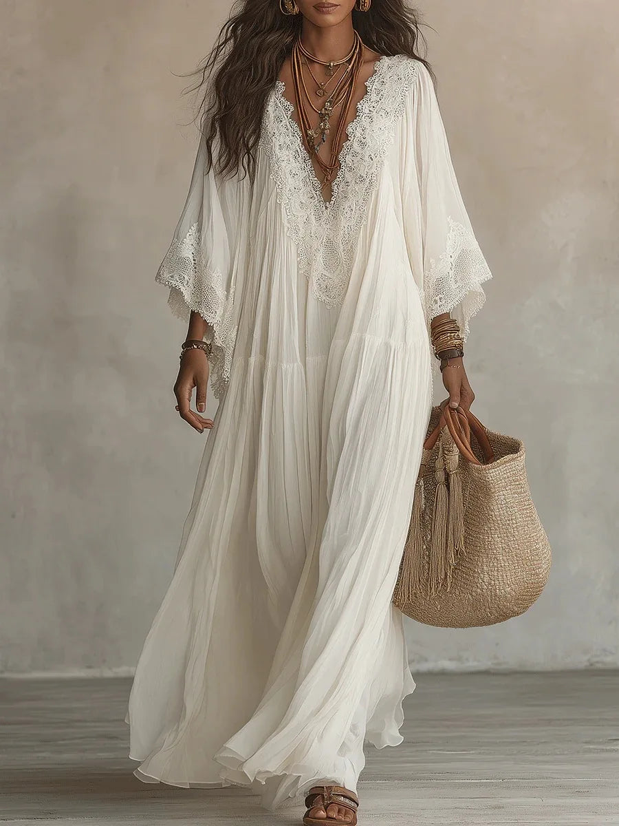 Boho Vintage Women's Summer Dress Lace Trim V Neck Flowy Maxi Dresses Women Flared Sleeve Loose Elegant Holiday Robe Vestidos