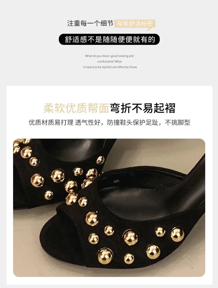 2026 Summer New Women's Shoes Black Velvet Effect Studded Backless One-foot Stiletto Sandals Women's High Heels Zapatos De Mujer