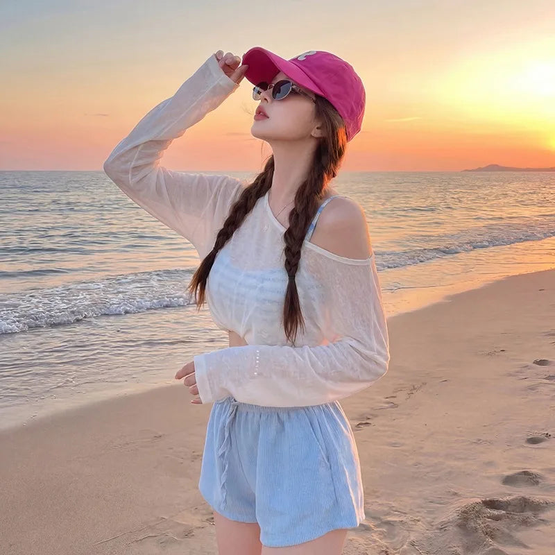 Women's 3-Piece Beach Outfit Sheer Long Sleeve Cover Up with Cami Top and Shorts, Casual Vacation Swimsuit Coverup Set