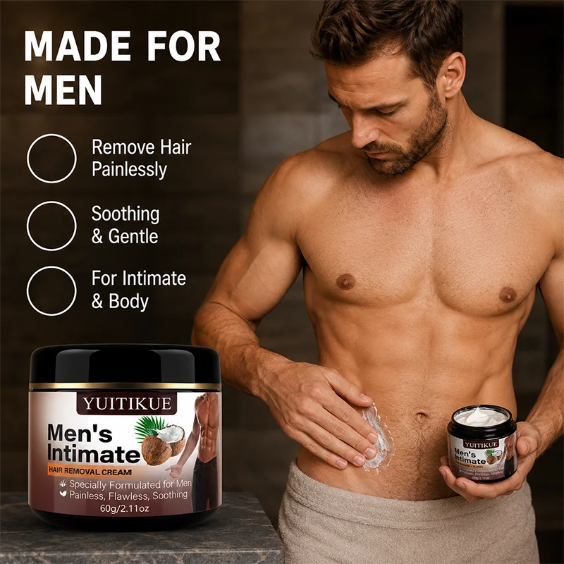 YUITIKUE Men's Intimate Hair Removal Cream 60g - Painless Depilatory for Body & Private Area, Coconut Extract Gentle on Skin