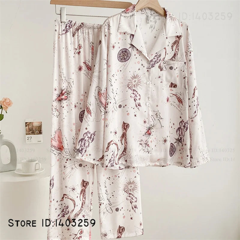 New Women Pijamas Silky Satin 2PCS Pajamas Set Sleepwear Spring Autumn Trouser Lounge Wear Loose Casual Female Homewear Lingerie