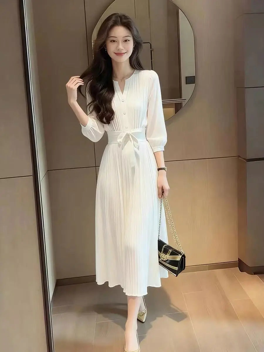 Temperament White Chiffon Dress Women 2026 Spring Summer New Fashion Vestidos Unique Beautiful Elegant Simple Ladies Dresses