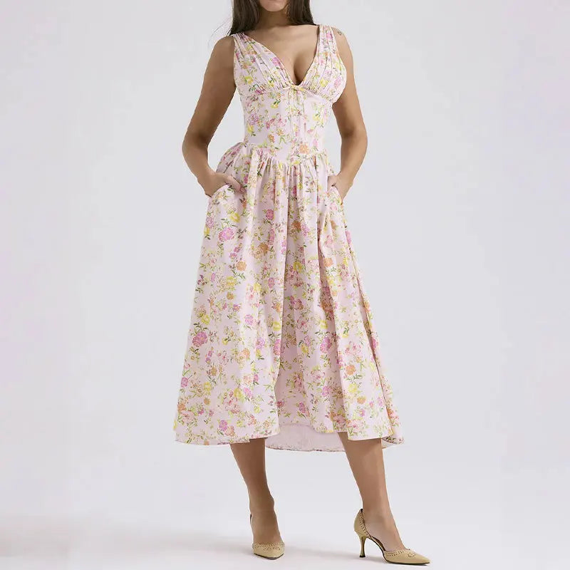 VEITCHE Summer Women Dress Sexy Deep V Neck Party Flowers Print Sleeveless Slim Midi Tank Dresses Beach Vacation Vestidos