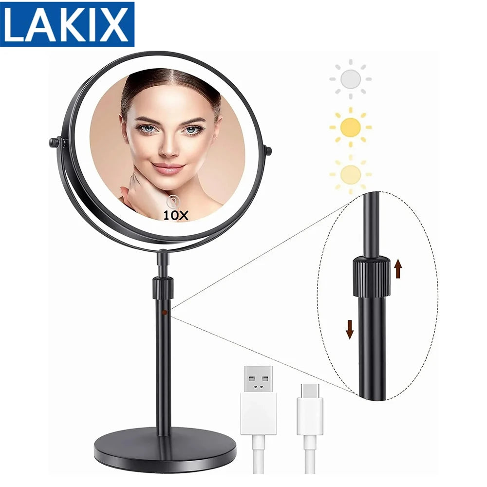 LED Vanity Mirror 3 Colors LED With Adjustable Height Standing 8 Inch 10X Magnification Double-Sided Makeup Mirror
