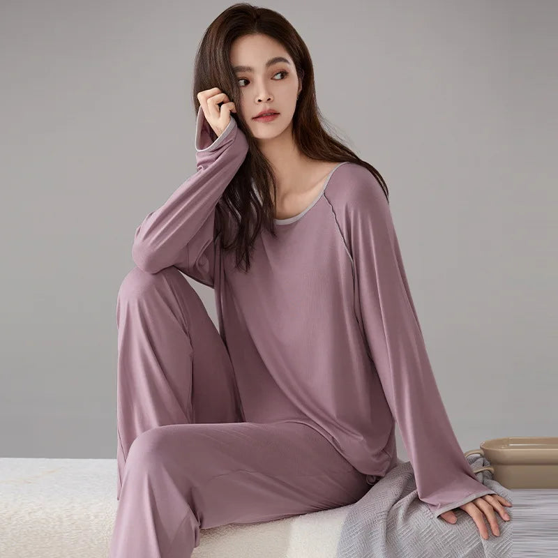 Pijama Mujer Invierno Bra Pad Lounge Sleepwear New Long Sleeve Trousers Sets Soft Modal Pajamas Women Autumn Winter Home Service