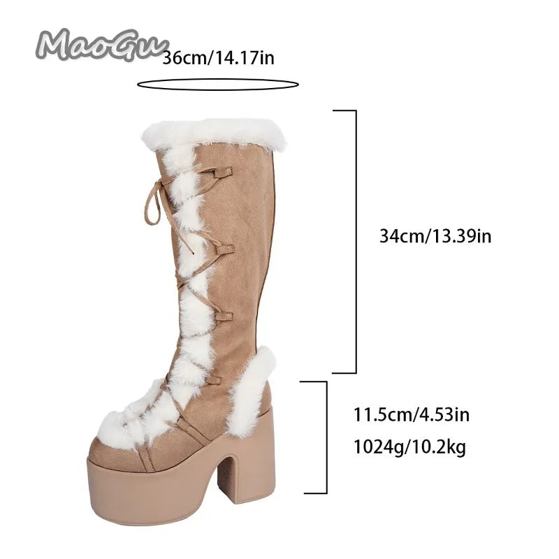 Women's Winter Snow Boots Gothic Lolita Platform High Heel Suede Shoes Plush Warm Knee High Long Boots Size 36-43 Botas Mujer