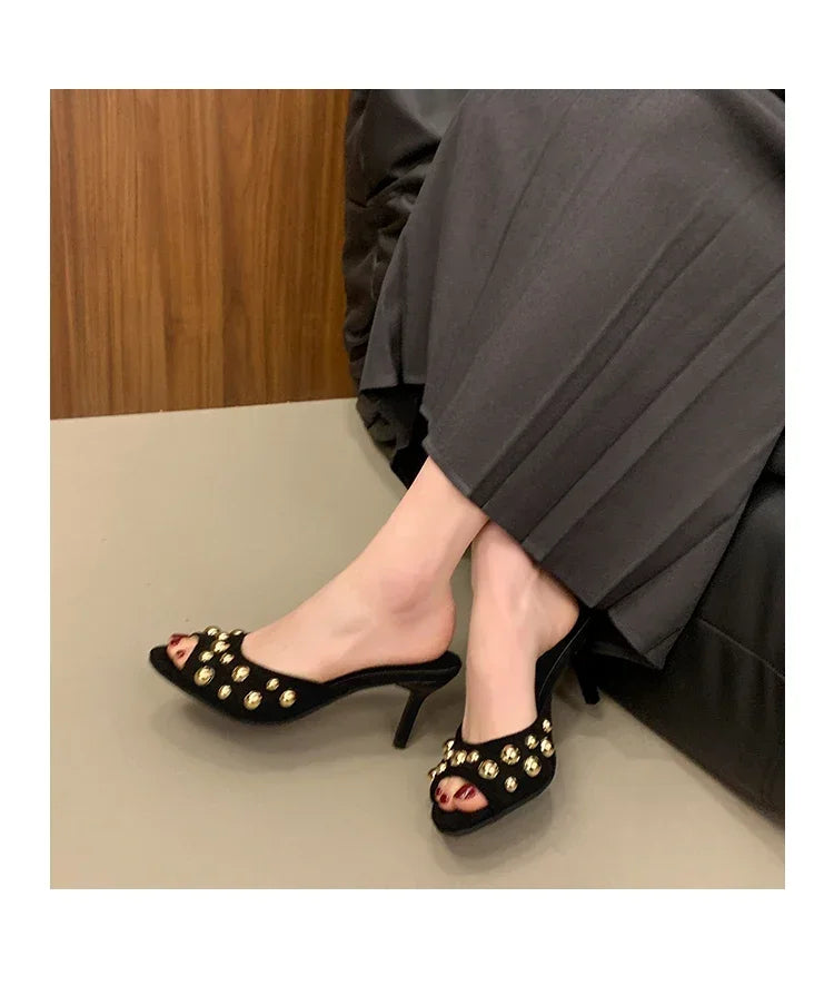 2026 Summer New Women's Shoes Black Velvet Effect Studded Backless One-foot Stiletto Sandals Women's High Heels Zapatos De Mujer