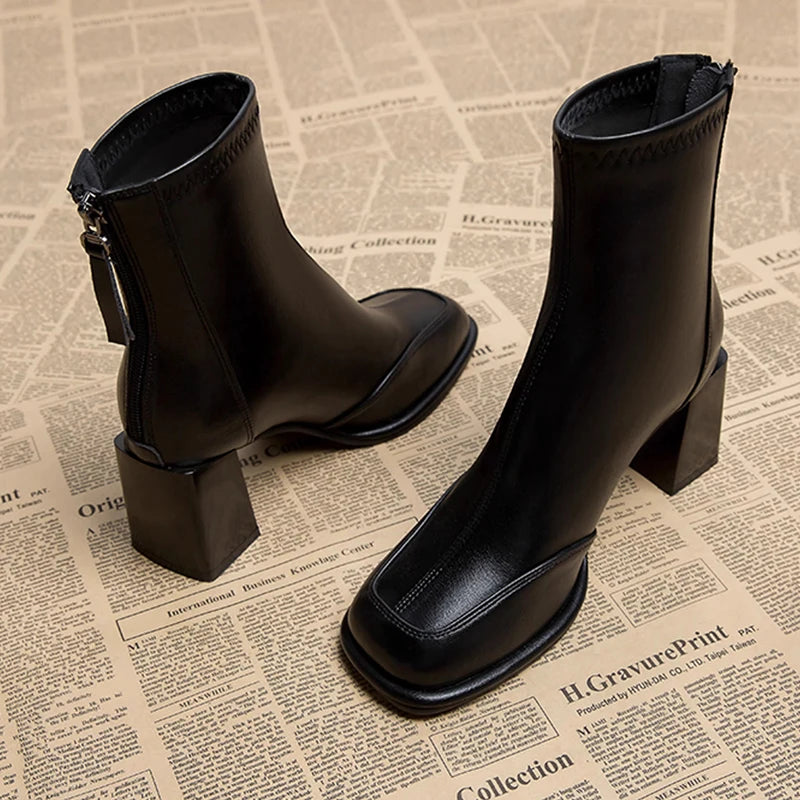 British Vintage Square Toe Ankle Boots Women 2025 Autumn Winter Thick High Heel Black Pu Boots Woman Cowboy Short Booties Shoes