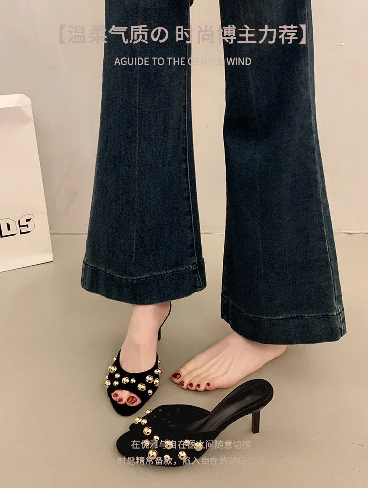 2026 Summer New Women's Shoes Black Velvet Effect Studded Backless One-foot Stiletto Sandals Women's High Heels Zapatos De Mujer