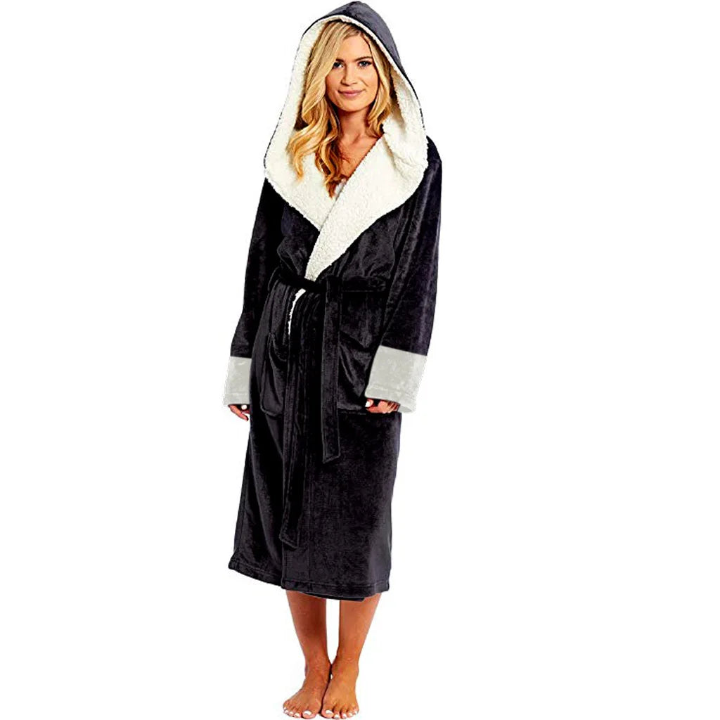 Women Hooded Bathrobe Adjustable Waistband Nightgown Mid Length Lady Homewear Bathrobe For Winter Thick Fleece Warm Lace Up