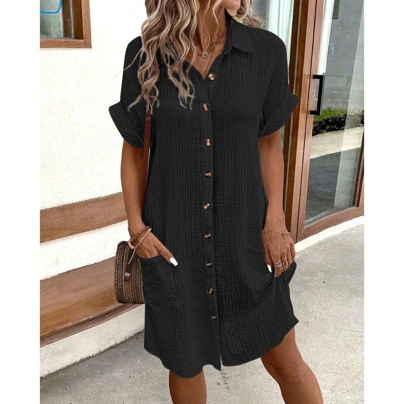 Vintage Women Solid Mini Dress Summer Fashion V-neck Three Quater Sleeve Cotton Linen Dress Ladies Casual Holiday Vestidos