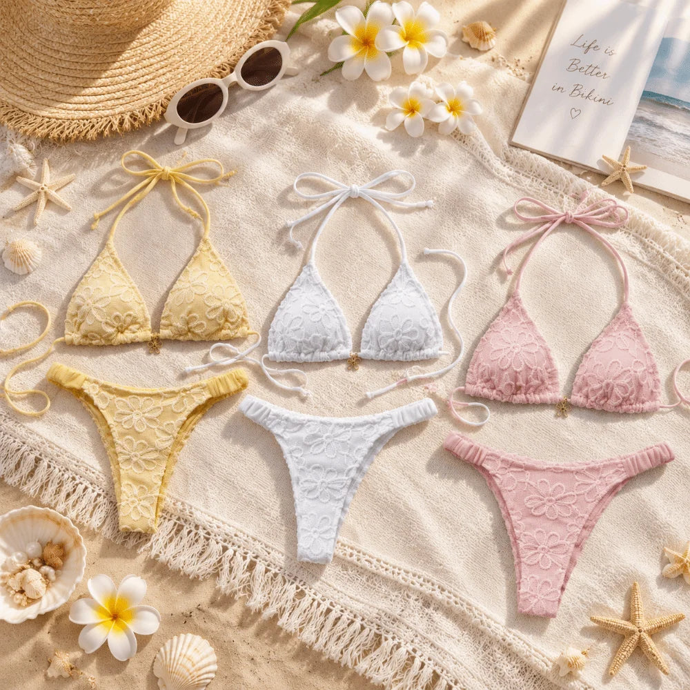 Bathing Suits Two-Piece Halter Bikini Set Deep V Low Waist Ladies' Swimwear Lace-up Flower Summer Beachwear Women