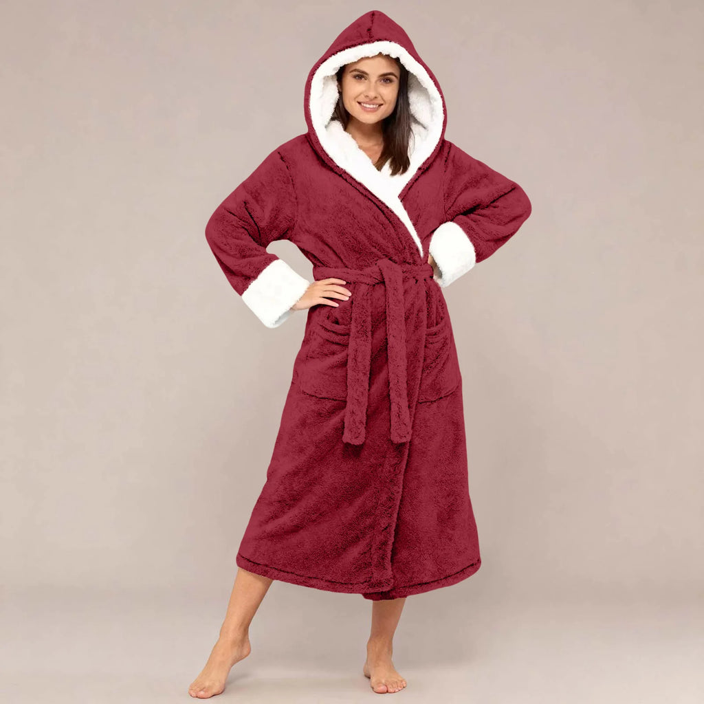 Women Hooded Bathrobe Adjustable Waistband Nightgown Mid Length Lady Homewear Bathrobe For Winter Thick Fleece Warm Lace Up