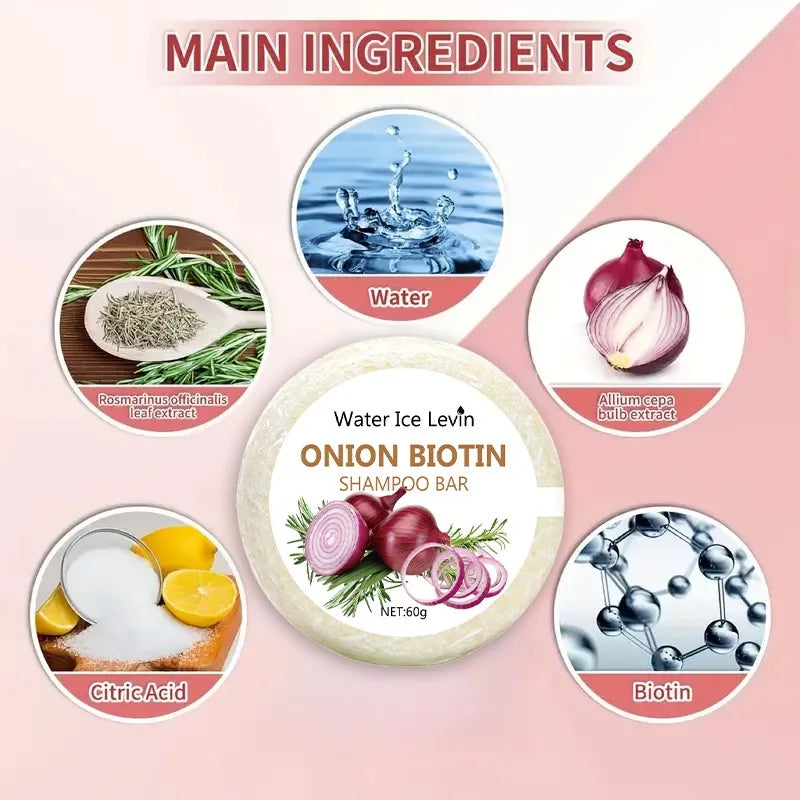 Onion and Biotin Shampoo Soap - 60g, Suitable for All Hair Types, Moisturizing and Smoothing, Rich in Rosemary Extract
