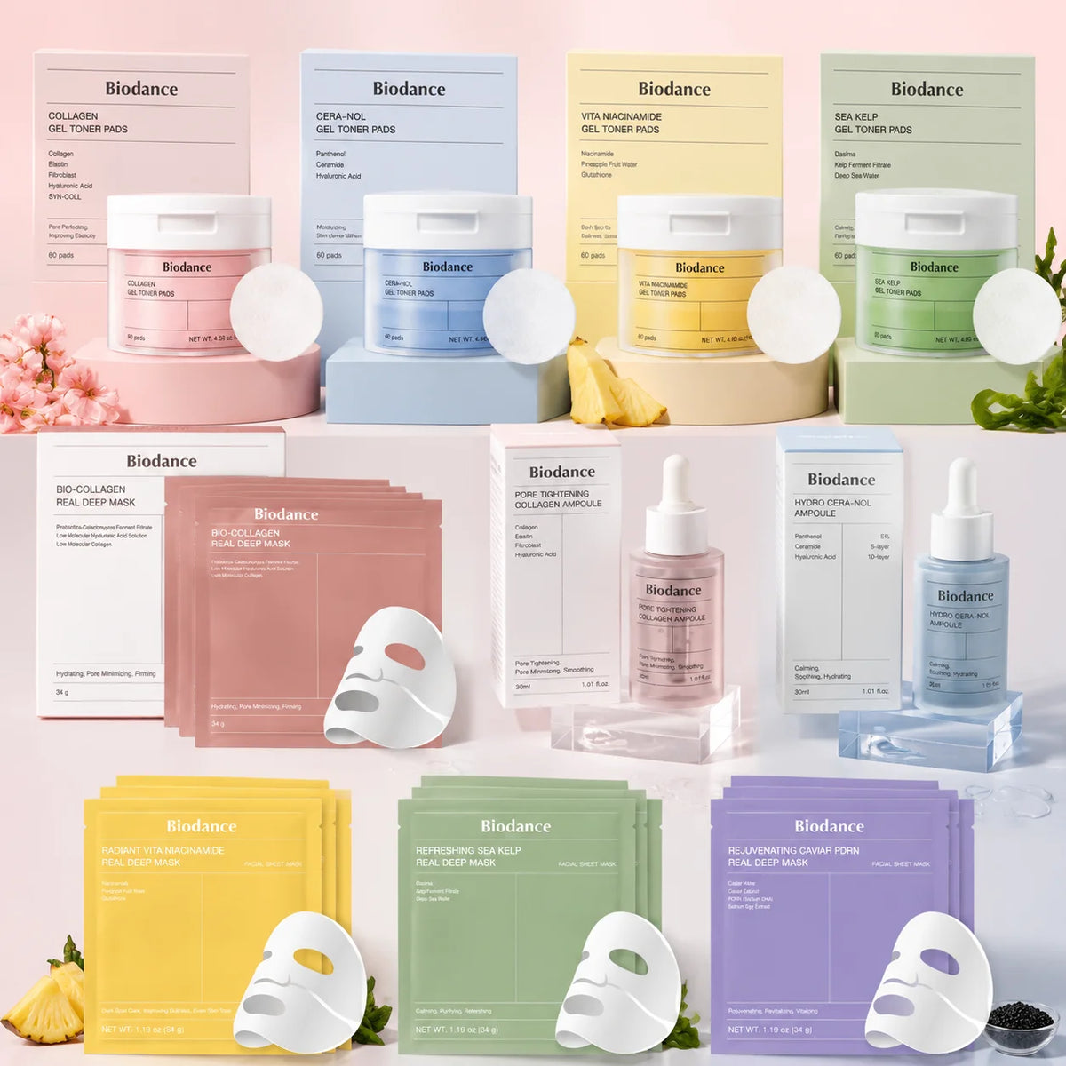 Biodance Korean Skin Care - Collagen Overnight Face Mask, Gel Toner Pads, Ampoule Essence, for Face Barrier Repair, Soothing