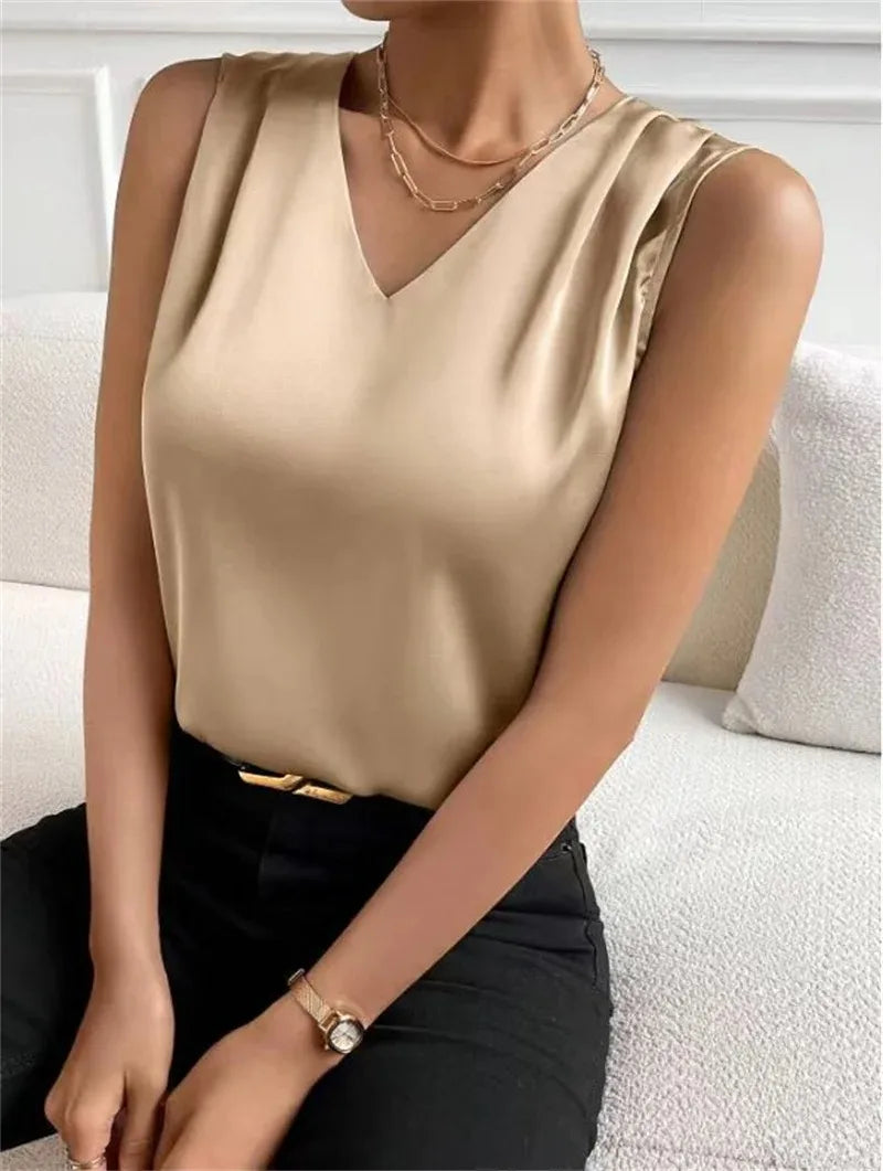 Women's vest elegant temperament V-neck vest summer vacation simple solid color fashion all-matching sleeveless top