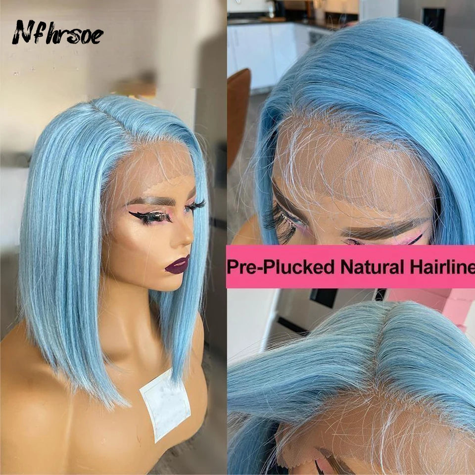 Brazilian Colored Human Hair Wig For Women Light Blue Short Straight Bob Transparent Lace Frontal Wigs For Women Pre Plucked