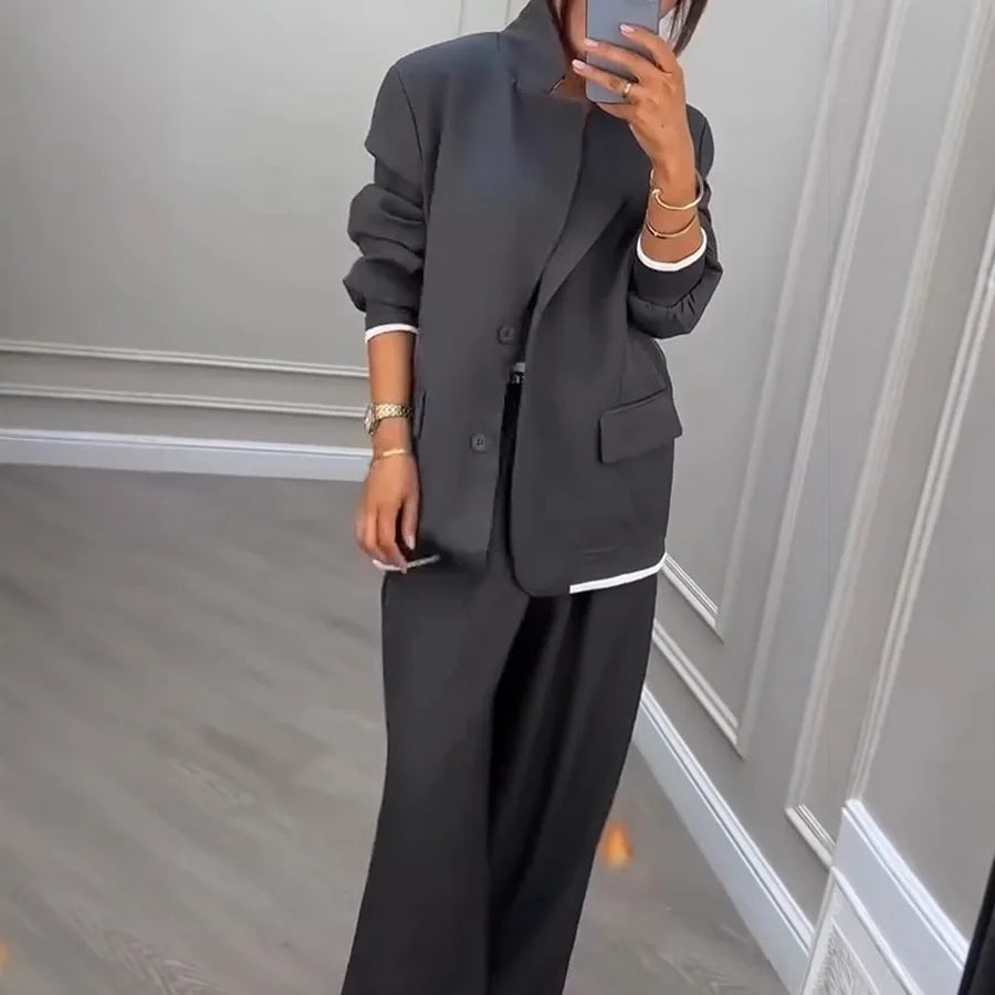 Women Suit Jacket Pants 2 Pieces Set Coat Wide Leg Trousers Outfits Single Breasted Turn Down Collar Office Lady Ensemble Autumn