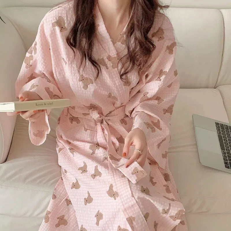 bathrobe women's bathing love plaid loose long sleeve long kimono V-neck lace up trousers nightgown sexy robe women's girl