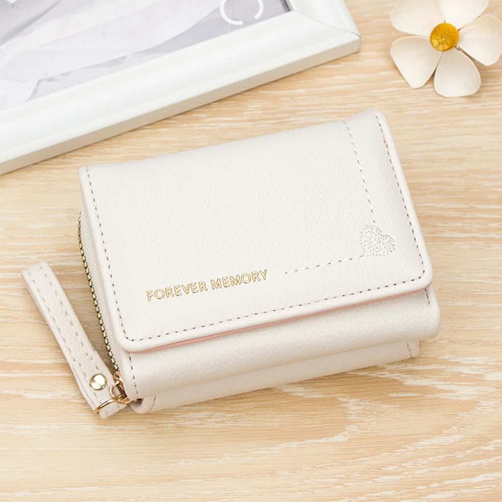 Women Short Tri-fold Wallet with Heart Embroidery Multiple Card Slots Compact Card Holder Lightweight Purse Organizer