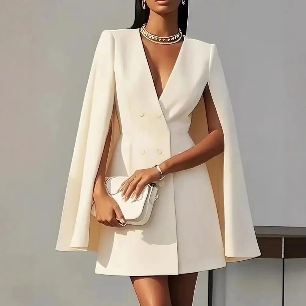 Commuting Blazer Dress for Women V Neck Cape Blazer Split Sleeve Business Mini Dress Double Breasted Office Long Skirt Dress