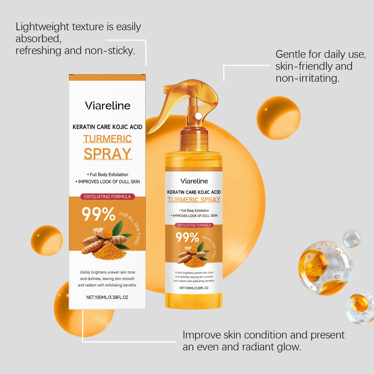 Keratin Care Kojic Acid Turmeric Spray Brightens Uneven Skin Tone Improves Dullness Full Body Use Skin Spray Smooth Skin