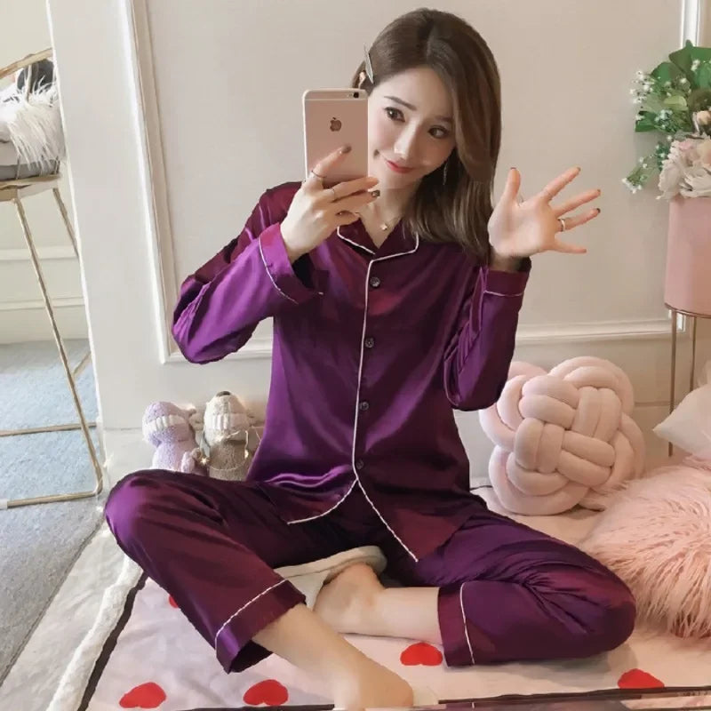 Pajamas Sets for Women 2025 Sexy Silk Women Pijama Sets Sleepwear Long-sleeve Cardigan Set Female Ice Silk Pyjamas Home Clothing