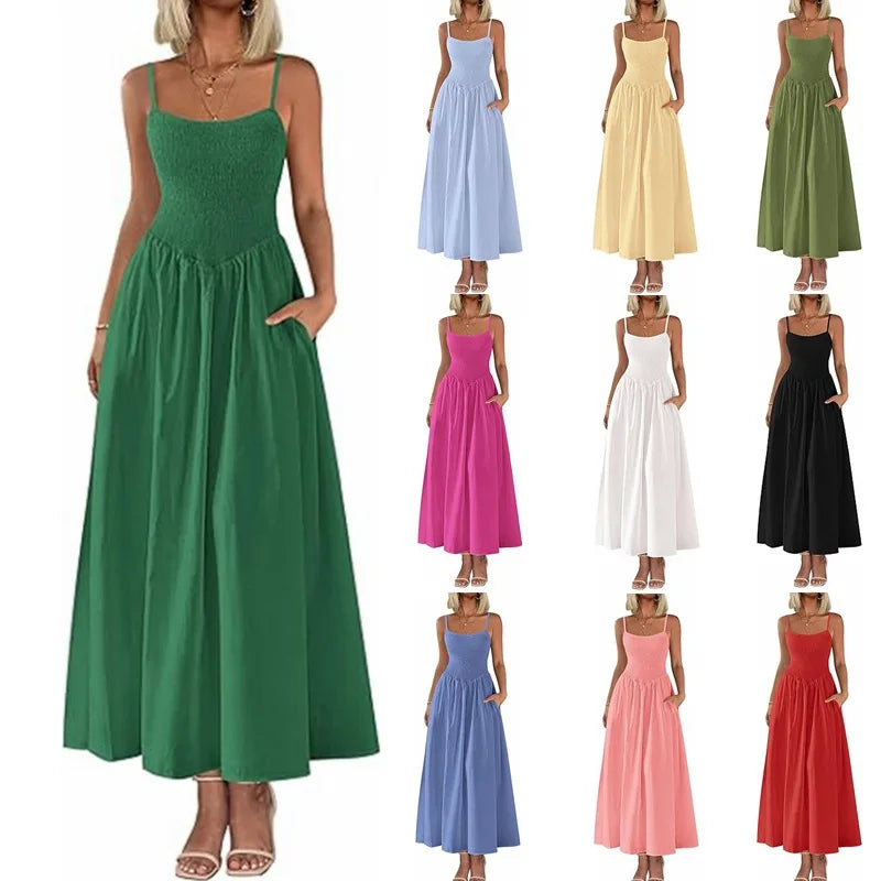 Elegant Feminine Long Dresses For Summer Vacation 2026 Pleated Strap Dress For Women Vestidos Fiesta Mujer Vestidos Fiesta